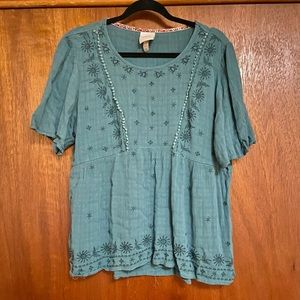 Knox Rose Boho Teal Blue Top Embroidered